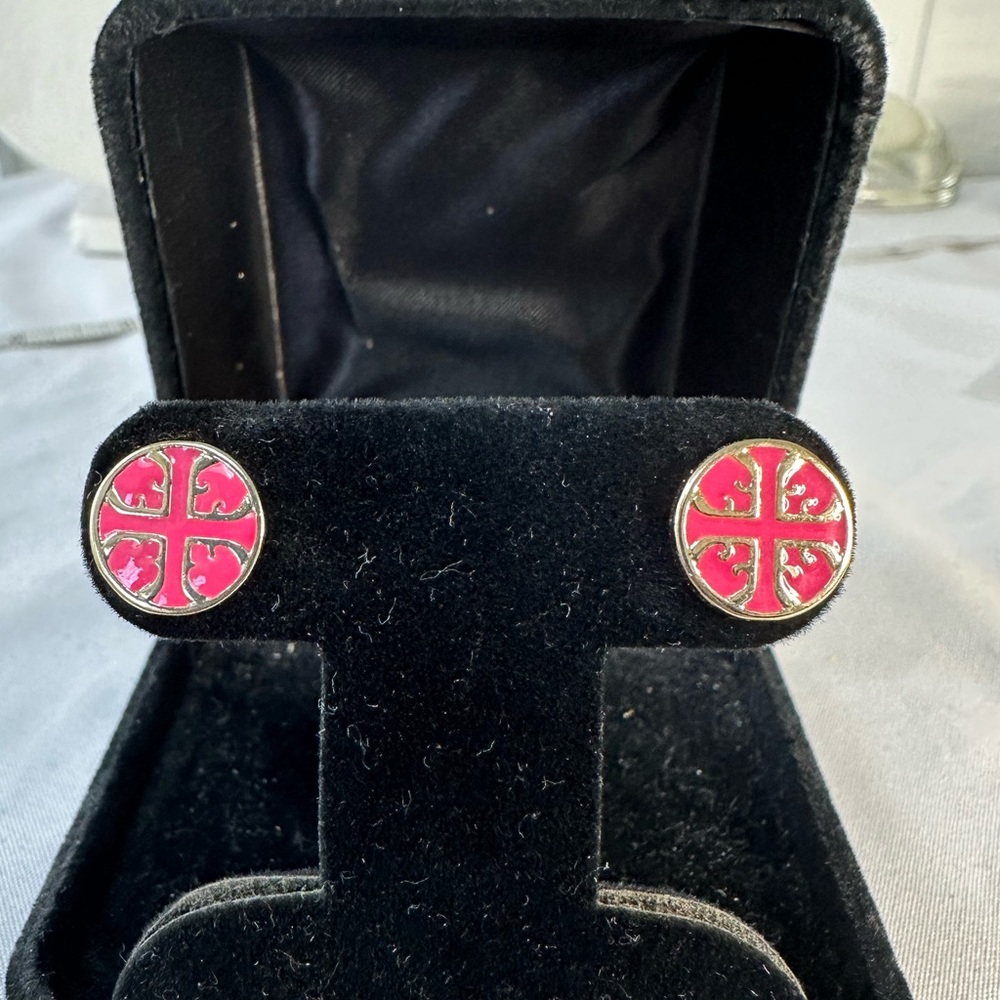 Dainty pink enameled button style earrings